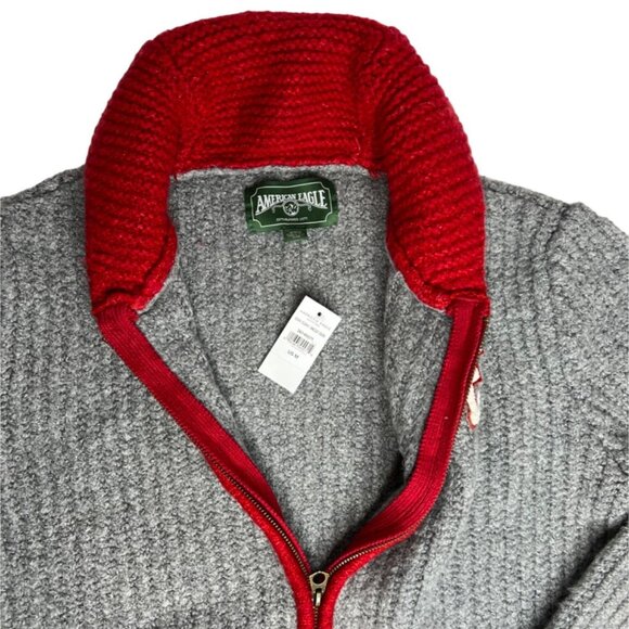 American Eagle Varsity Cropped Grey Ribbed Knit Shawl Collar Zip Sweater MED NWT - Picture 3 of 10